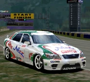 A Toyota ALTEZZA 280T with racing modifications applied. Being a Tom's related vehicle, the livery of the racing modified version of this car bears a notable resemblance with the livery of the Toyota Castrol Tom's Supra GT (JGTC) '99.