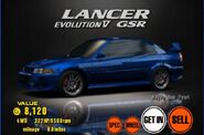 The special colored variant of the Mitsubishi Lancer Evolution V GSR '98 as it appears in Gran Turismo 3: A-Spec.