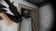 Screenshot of Granny attacking the player in the kitchen (Notice the shadow effects behind).