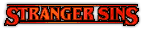 Red text on a black background that reads 'Stranger Sins'
