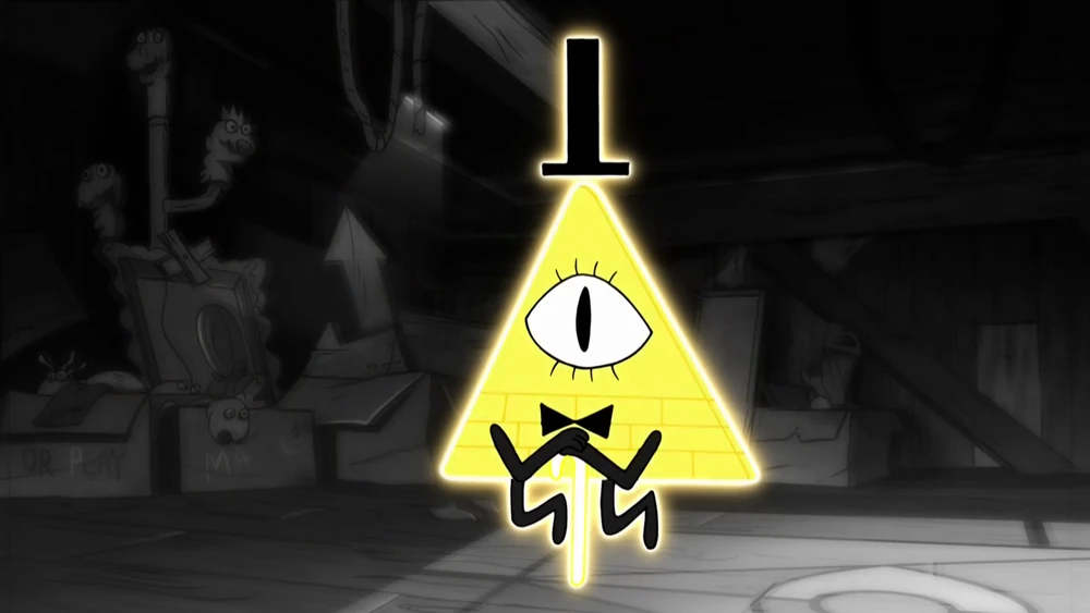 Bill Cipher standing with his glowing gold cane