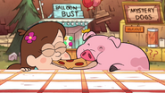 Waddles sharing a slice of pizza with Mabel.