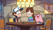 Waddles next to Mabel as she and Dipper look at the time machine.