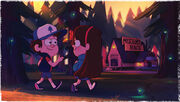 Dipper and Mabel returning to the Mystery Shack after sunset