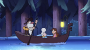 McGucket, Mabel, and Gideon Gleeful on the lake at night.