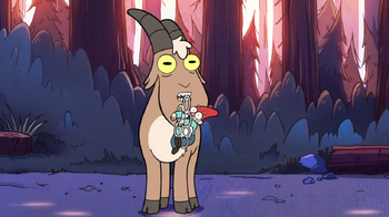 S1e1 goat holding gnome in mouth