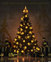 Image of a Christmas tree with several Bill themed ornaments and presents, an encoded message at the top informs that signed copies of the book are for sale