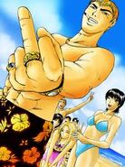 Onizuka at the beach with Azusa, Urumi, and the rest of his class in the manga.