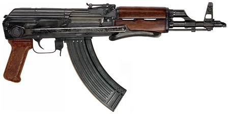 Custom AKMS with shortened barrel, similar to the one seen in , ,  and  - 7.62x39mm. The configuration shown here has parts from the AKMS and the .