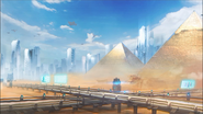 The Pyramids of Giza, now dwarfed by Super Earth's skyscrapers.