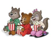 Wiley, Brinley, and Violet eating popcorn.