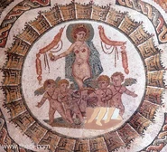 An ancient Greek mosaic depicting Aphrodite with The Erotes.