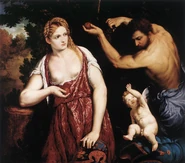Aphrodite (far left) in Venus with Mars and Cupid, a 1550 Renaissance painting by Titian Vecelli.