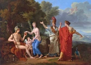 Aphrodite (first woman from the left), competing with Athena (centre) and Hera (far right) to win the golden apple in the painting, The Judgement of Paris by Francois Xavier Fabre.