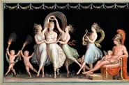 Aphrodite with The Three Graces dancing before Ares in a painting, The Three Graces Dancing by Antonio Canova.