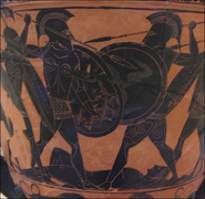 The battle between Hektor and Akhilles for the body of Patroklos (shown at the bottom)