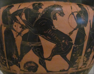 Close-up of Herakles and the Nemean Lion. An Attic Black-Figure column krater circa 550-540