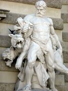 A statue of Hercules battling Cerberus, the three-headed hellhound of Greek myth.