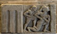 Heracles kills Alcyoneus. Sandstone. Metope from the temple of Hera at the mouth of the river Sele. Mid-6th century B.C.