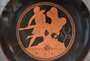 Drinking bowl, Theseus plunges Sciron into the sea, from Vulci (Italy), attributed to the painter Douris, around 480 BC, Altes Museum Berlin (13718490173)