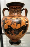 Black Figure Vase of Herakles choking the Nemean Lion (Athena is present observing)