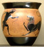 Herakles first attempt to kill the Nemean Lion (shooting it with an arrow)