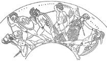 Sketch of the other half of the opening battle during the Giant War which was shown in Black and White. Ares with a spear is shown striking down Mimon who was armed with a sword. Apollo who holds a bow in one hand and a sword in the other fights Ephialtes and Hera spear in hand prepares to finish Phoitos who holds only his spear (his shield seems to have fallen