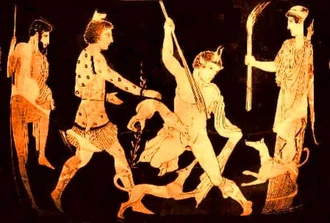 Zeus, Lyssa, Aktaeon and Artemis 