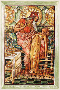 In the Nathaniel Hawthorne version of the Midas myth, Midas's daughter turns to a statue when he touches her. Illustration by Walter Crane for the 1893 edition.