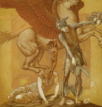 Perseus killing Medusa from whom Pegasos and Khrysaor sprung from