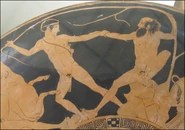 Theseus getting Sinis to bend a pine tree before Theseus kills him.