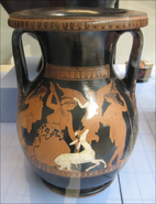 Zeus observes Artemis hunting a stag. Apollo and Nike are also present. (Red-Figure Pelike 370-350 BCE.)