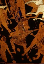 Artemis armed with a bow and arrows in one hand and a tourch in the other lunges at a Gigantes (possibly Gration)