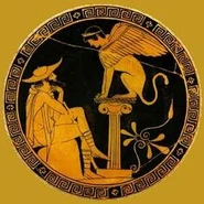 Oidipous seated on a rock ponders the riddle of the Sphinx. He is dressed in traveller's cape and hat. The crowned Sphinx is seated on a plinth (Attic Red Figure, Kylix)