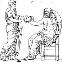 800px-Rhéa présentant une pierre emmaillotée à Cronos dessin du bas-relief d'un autel romain