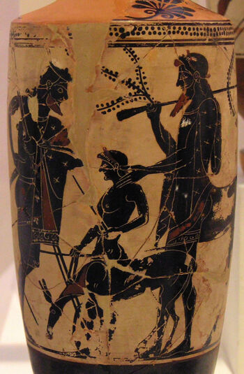  consigns Akhilles to Khiron's care, white-ground lekythos by the Edinburgh Painter, c