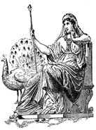 Hera upon her throne with a peacock by her side