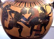 Herakles second attempt to kill the Nemean Lion (stabbing it with a sword)