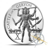 Coin depicting the three bodied Geryon (with his cattle in the background) whom Herakles killed to acquire his cattle during Herakles' Tenth Labor.