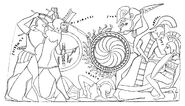 Copy of part of a Black Figure Amphora showing by name Hyperbios & Agasthenes against Zeus, the fallen giant Ephialtes as well as Harpolykos against Hera