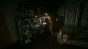 Mia throwing over a bookcase