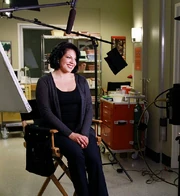 Sara being interviewed on set for the DVD extra.