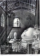 Concept art of Manny in his diner by Peter Chan