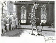 Concept art of Manny talking to a festival mascot by Peter Chan