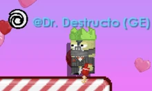 Dr. Destructo duct taped and wearing a winterfest green paper crown.