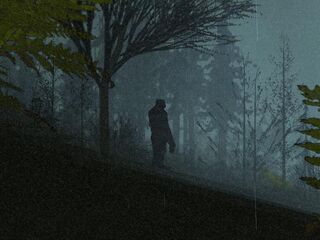 Bigfoot on a hill during a storm.