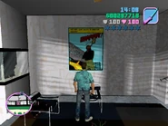 Claude egy képen az Ocean Beach hotelban a Grand Theft Auto: Vice Cityben.