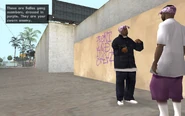 FirstAcquaintanceWithBallas-GTA SA.jpg (400 КБ) Знакомство игрока с Балласами в миссии «Tagging Up Turf»