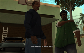 Smoke comes up to CJ and asks him what's up with him and C.R.A.S.H. arguing.