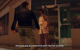 The clerk angrily explains to Claude that some gang robbed the store before Claude arrived.